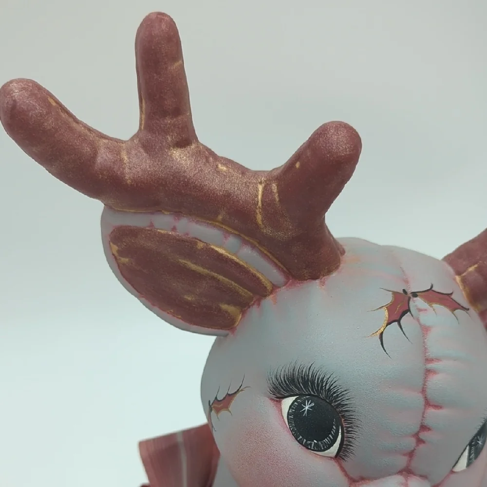 Vintage Ceramic Mold Reindeer Christmas  Handpainted Bow Purple Brown Quilted